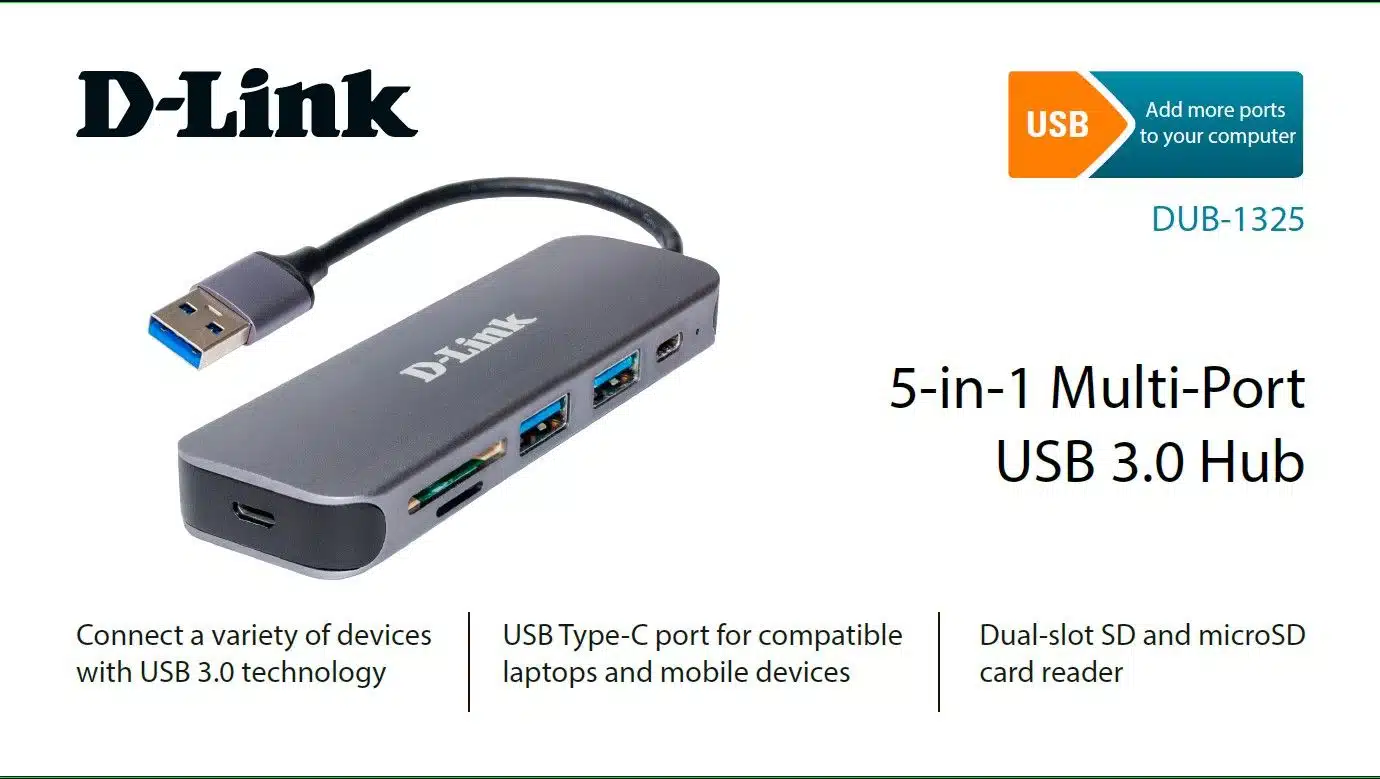 מיני תחנת עגינה דילינק ל-5 מוצרים: USB-C+2*USB 3.0+חריץ לכרטיס SD+חריץ לכרטיס Micro SD D-LINK DUB-1325 מפצל
